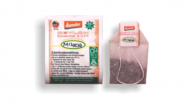 25 MILANA Ceylon DEMETER Organic BLACK TEA BAGS BOPF Broken Orange Pekoe Fannings packed into handwoven baskets with 55 percent benefits support . The tea, ... that tastes like love. Fairly and sustainably manufactured.
